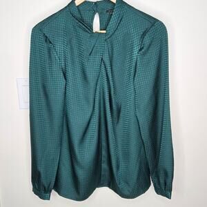NWT ANN TAYLOR Emerald Green Houndstooth Check Women's Longsleeve Blouse Size XS